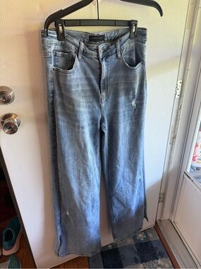 Risen Jeans High Rise Wide Leg Light Wash Distressed Side Slit 32x29 Approx